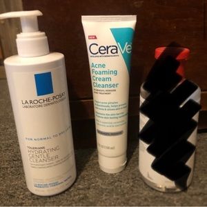 La roche posay hydrating gentle cleanser & Cerave acne foaming cream cleanser!